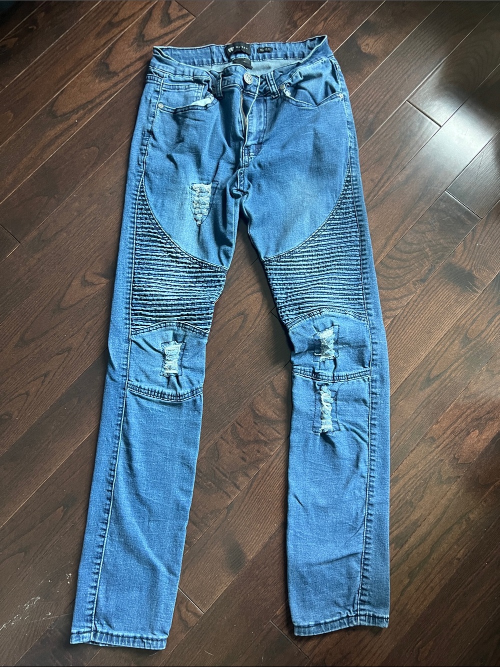 Slim Fit Distressed Biker Jeans in Mid Blue